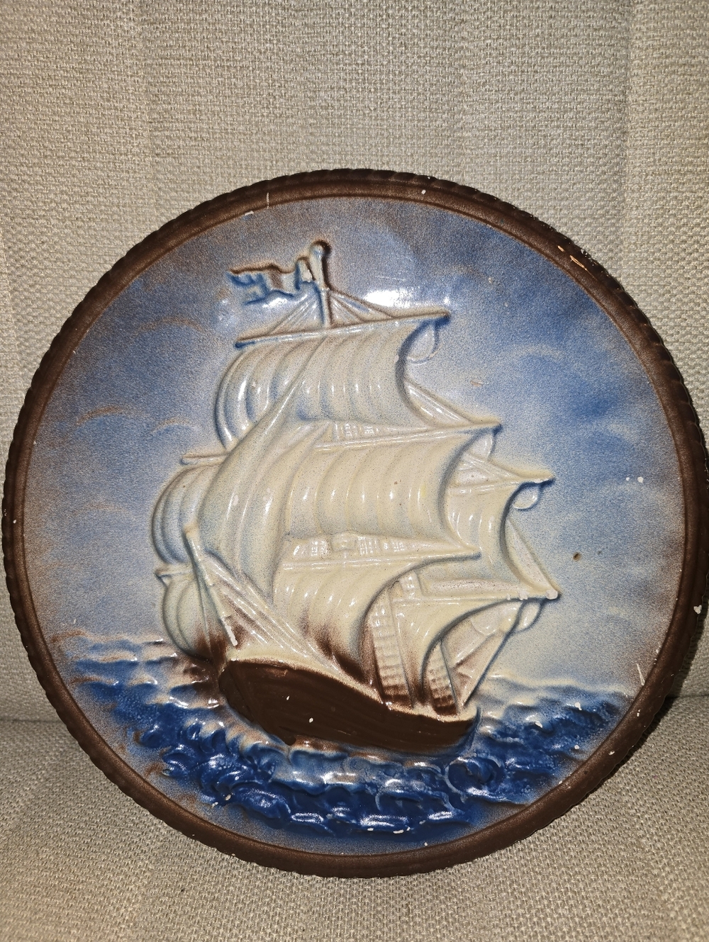 Vintage 1940’s Rare Chalk Ware Wall Plaque of a Sailing Galleon